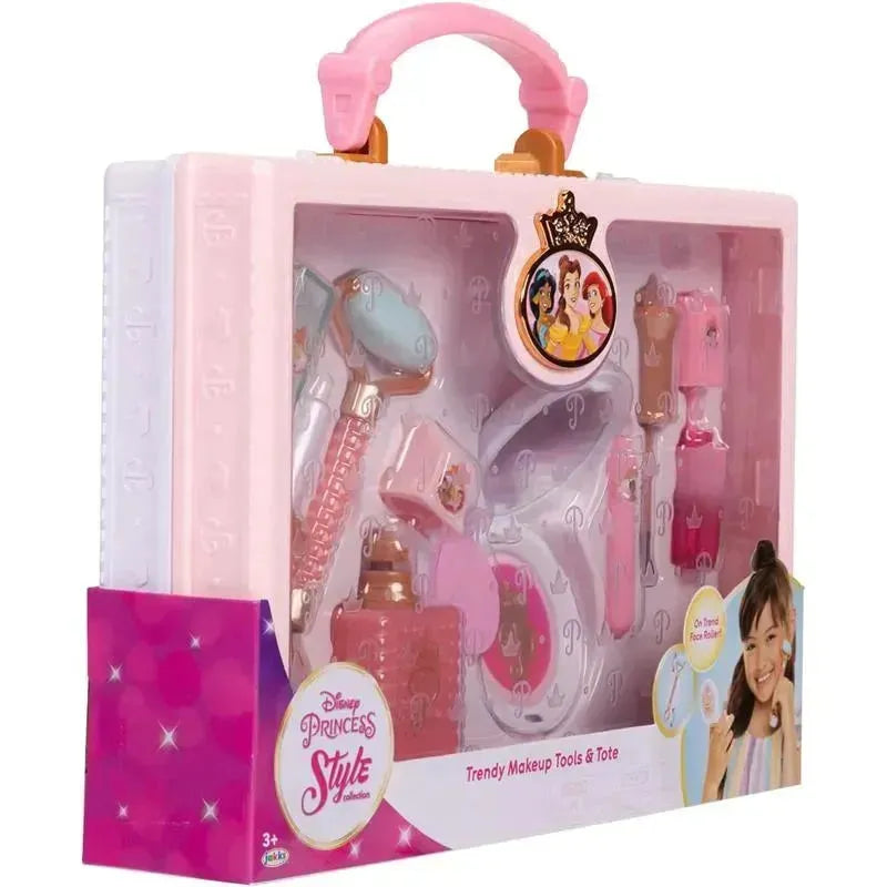 Trendy pink makeup tote bag featuring Disney Princess tools, including a mirror, roller, and various cosmetic items.