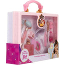Trendy pink makeup tote bag featuring Disney Princess tools, including a mirror, roller, and various cosmetic items.