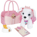 White plush puppy in a pink tote bag, with a dog bowl, bone toy, and adoption certificate displayed.