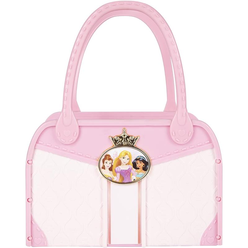 Pink tote bag featuring Disney princesses, with a crown emblem and a textured design.