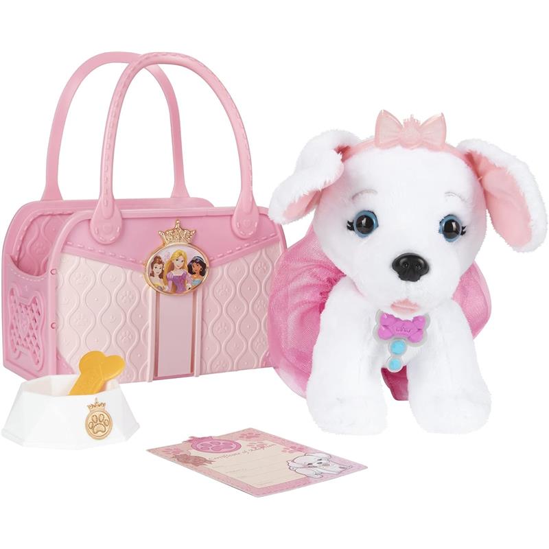 White plush puppy with a pink bow, a pink tote bag featuring Disney princesses, a food bowl, and a card.