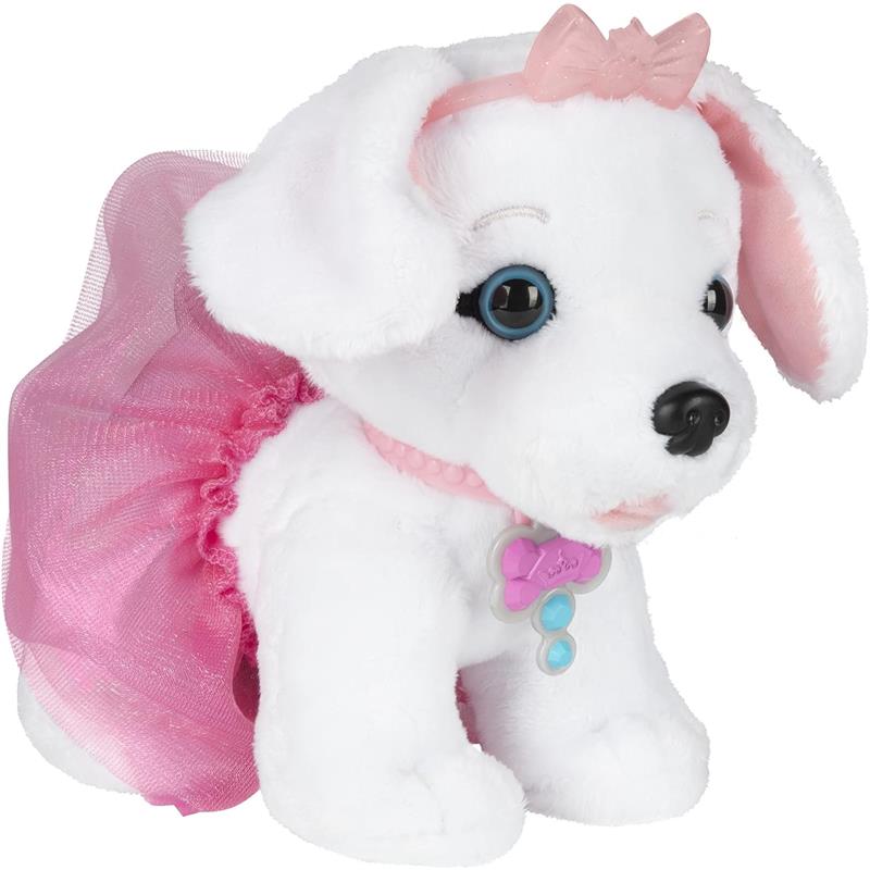 White plush puppy wearing a pink tutu and a bow headband, with blue eyes and a heart-shaped tag on its collar.