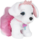 White plush puppy wearing a pink tutu and a bow headband, with blue eyes and a heart-shaped tag on its collar.