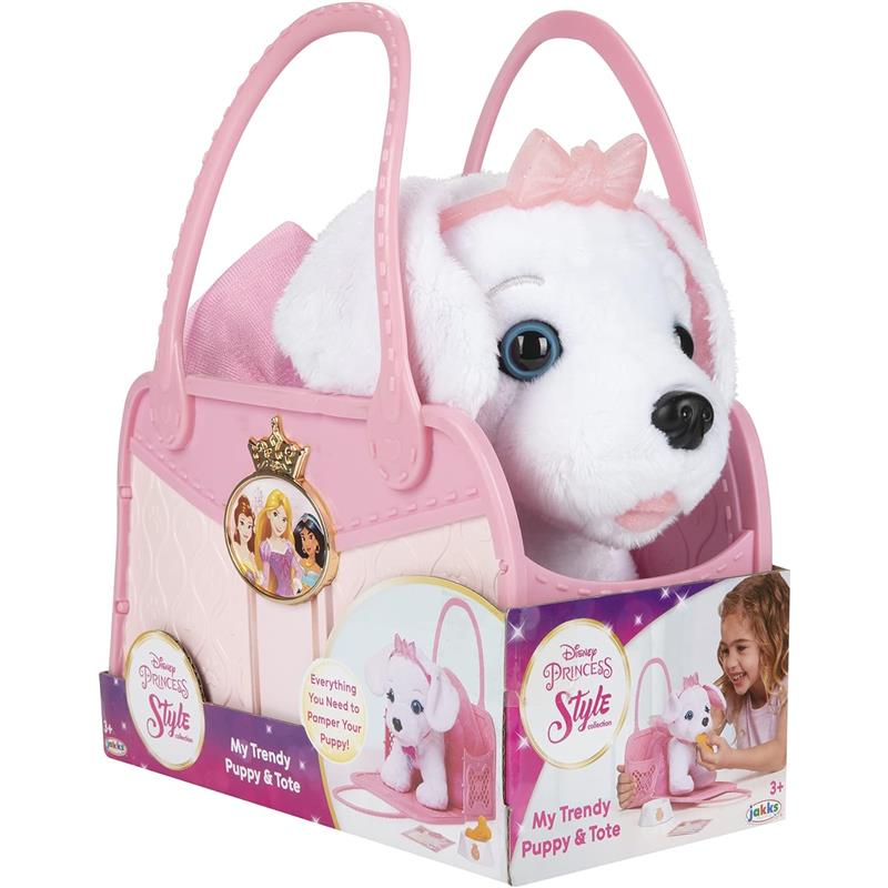 Stuffed puppy in a pink tote bag, part of the Disney Princess Style Collection, designed for children 3+.