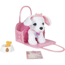 Jakks Disney Princess Style Collection My Trendy Puppy in a pink tote, featuring a plush white puppy with a bow, bowl, and certificate.