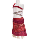 Moana-themed adventure outfit featuring a decorative top with fringe and a patterned red skirt, suitable for ages 3 and up.
