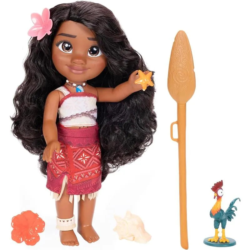 Singing Moana doll with black hair and pink flower, holding a starfish. Includes a spoon accessory and a rooster figure.