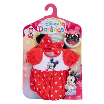 Disney Darlings deluxe doll outfit featuring a red romper with Mickey Mouse graphics, matching bow, and pacifier.