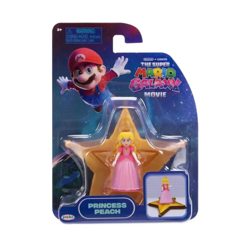 Jakks Princess Peach figurine from The Super Mario Galaxy Movie, featured in packaging with Mario illustration.