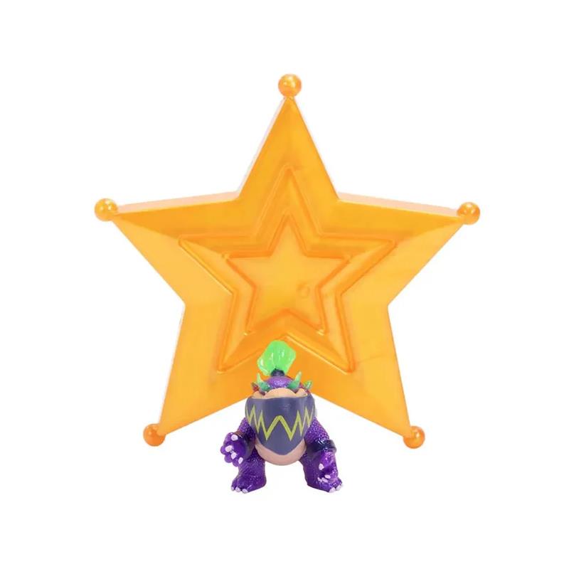 Wonder Bowser Jr. toy in purple with a green hair tuft, posed in front of a large orange star.