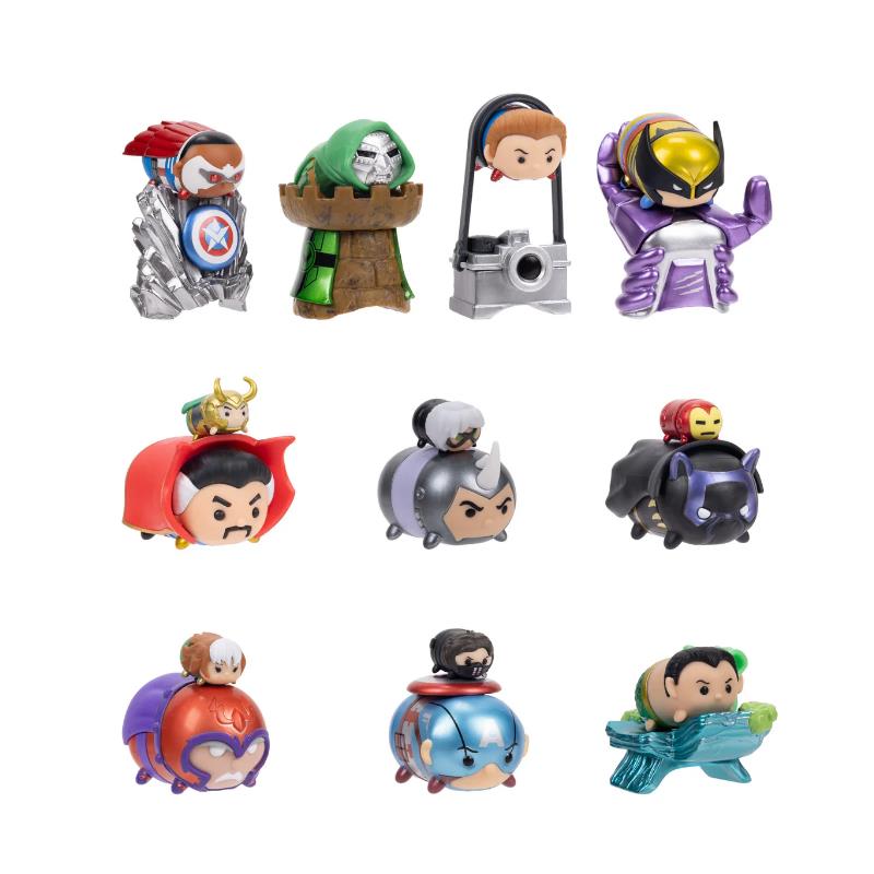 Nine Marvel Tsum Tsum figures including characters like Iron Man, Loki, and Doctor Strange in various playful poses.