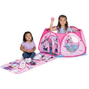 Minnie Mouse Kids Ball Pit Arena featuring two children; one inside the pit holding a ball, and one sitting on a play mat.