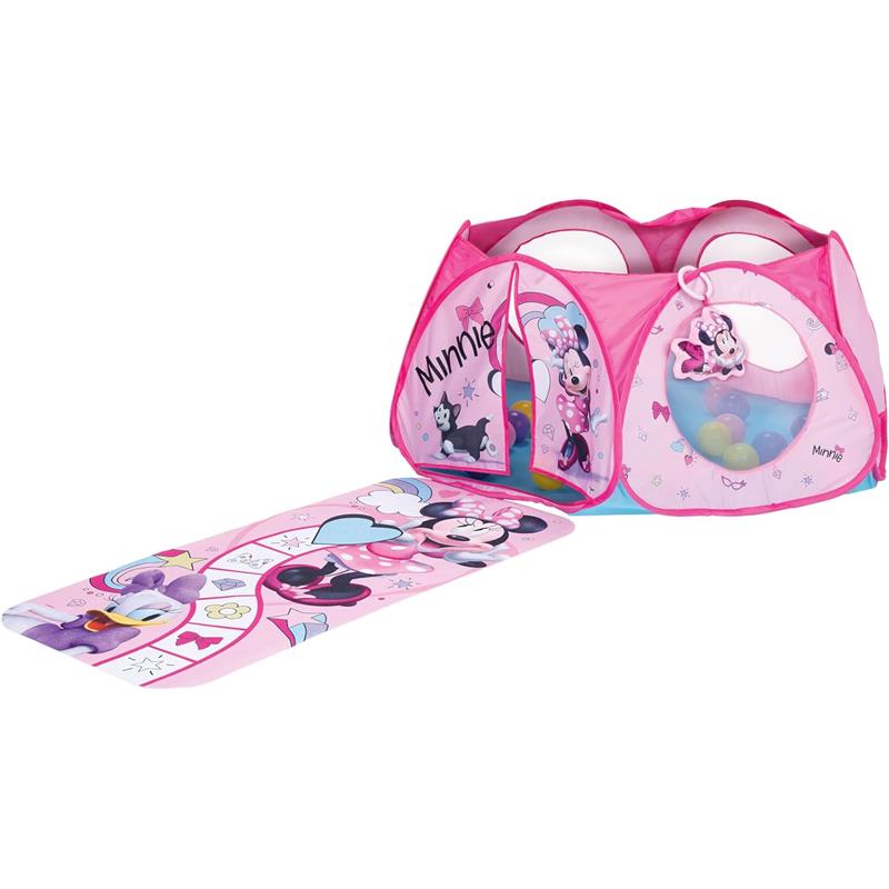 Pink Minnie Mouse ball pit arena with 20 colorful balls inside, featuring vibrant character graphics and an attached play mat.