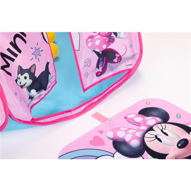 Minnie Mouse-themed ball pit arena with 20 colorful balls and an illustrated pink mat featuring Minnie Mouse.