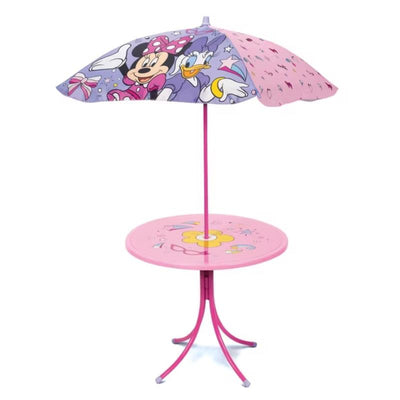 Minnie Mouse patio table with a pink umbrella featuring Minnie and Daisy designs, and a flower-patterned tabletop.