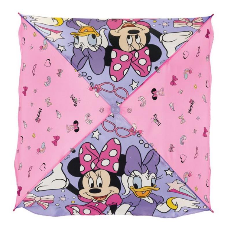 Minnie Mouse and Daisy Duck are featured on a pink and purple patio umbrella, adorned with playful patterns and icons.