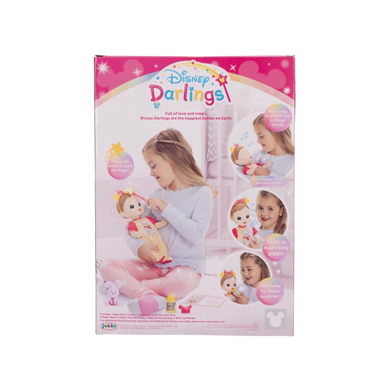Interactive baby doll packaging featuring a girl nurturing a Pooh-inspired doll, highlighting play features like tickling and feeding.