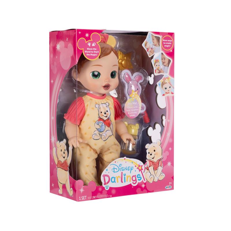 Interactive 13-inch baby doll inspired by Pooh, dressed in a yellow onesie with a Pooh design, includes accessories.