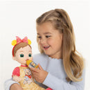 Interactive baby doll inspired by Pooh, held by a smiling girl, featuring a bottle and wearing a cute outfit.