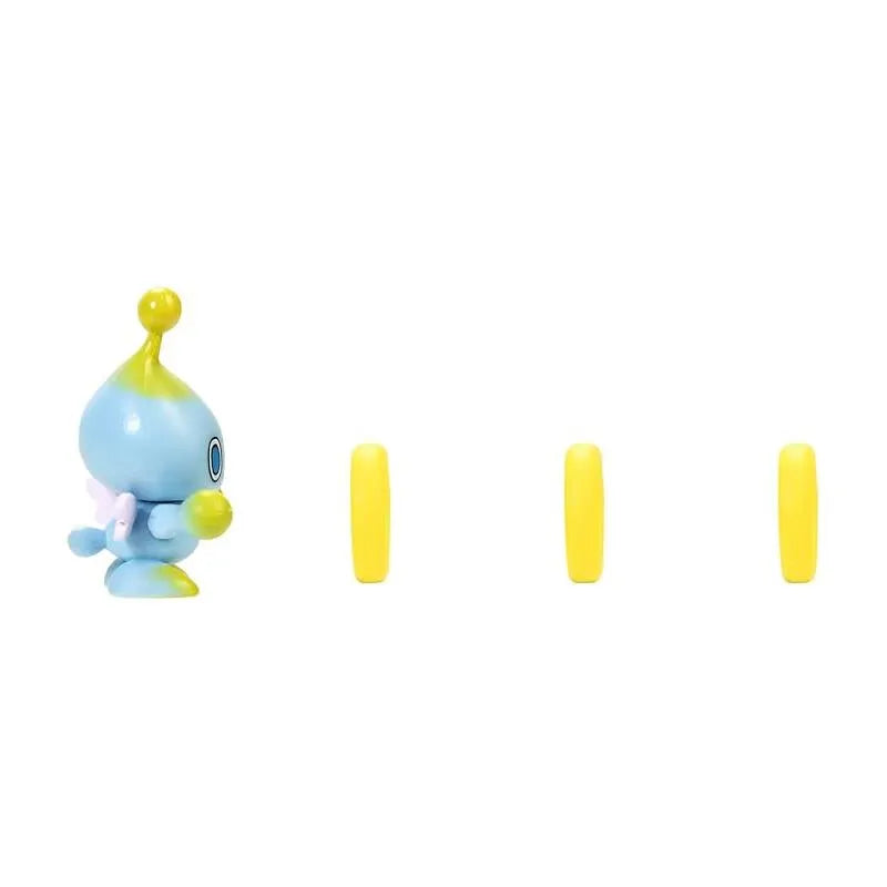 5cm blue Chao figure with a yellow pom-pom and pink collar, standing next to three yellow rings.