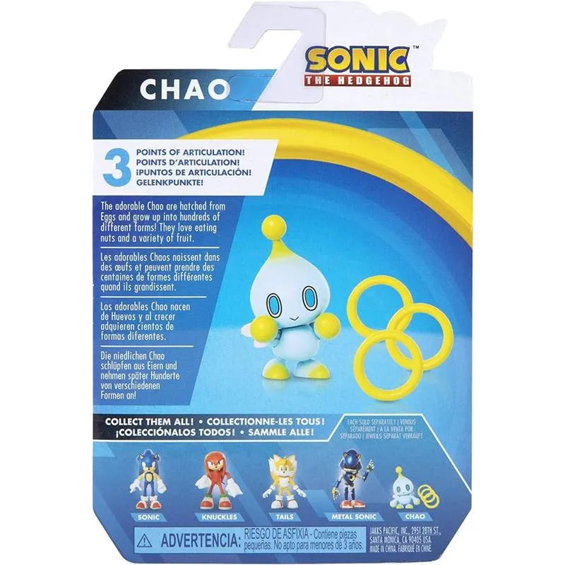 Chao figure from Sonic the Hedgehog, featuring blue color with yellow accents and three rings included, on packaging.