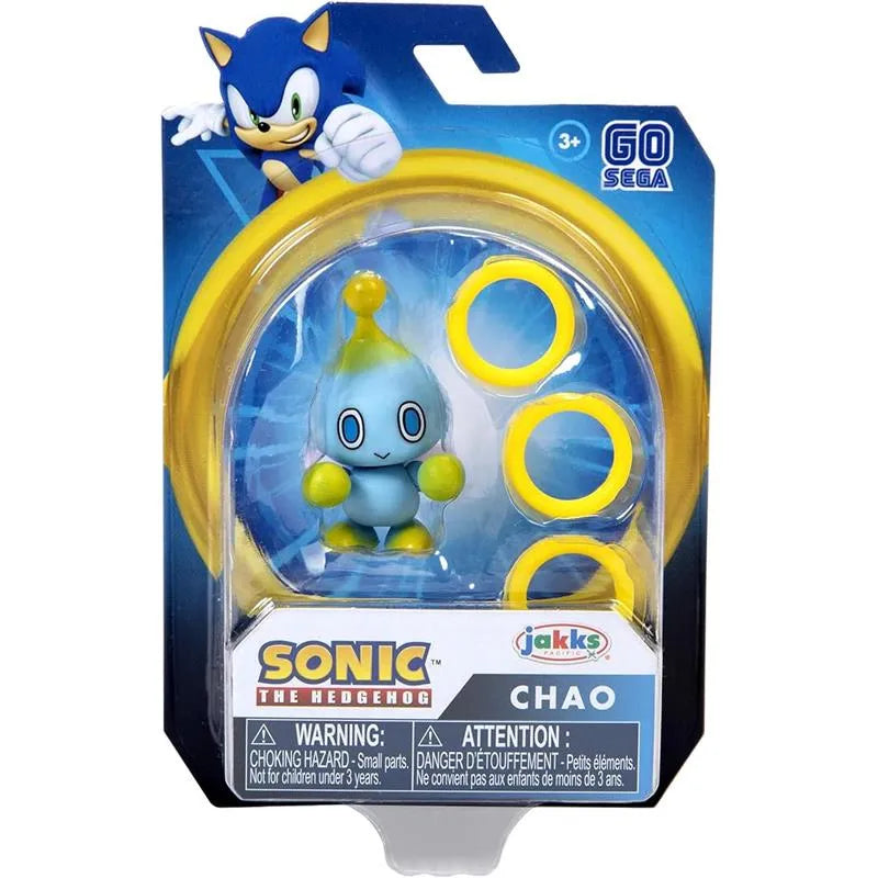 Sonic the Hedgehog Chao figure by Jakks, featuring a blue character with yellow accents and three yellow rings in packaging.