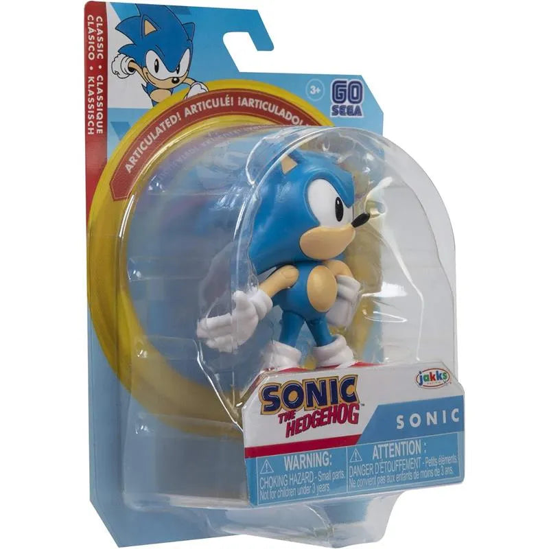 Sonic the Hedgehog action figure by Jakks, featuring articulated limbs, in packaging with warning label and colorful graphics.