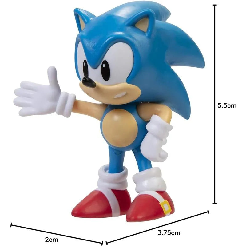 Sonic the Hedgehog 2.5-inch action figure, featuring bright blue colors, white gloves, red shoes, and a playful pose.