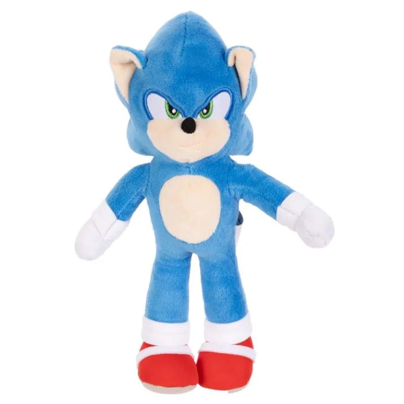 Blue Sonic the Hedgehog plush toy with green eyes, white gloves, and red shoes, representing the Sonic 3 movie character.