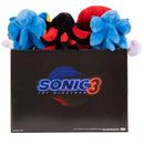 Sonic 3 Movie plush figures in a box, featuring multiple characters including Sonic, Shadow, and Knuckles.