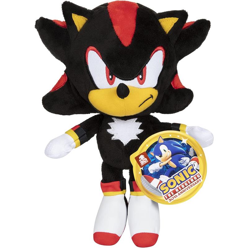 Basic plush toy of Shadow from the Sonic franchise, features black and red design with red eyes, holding a tag.