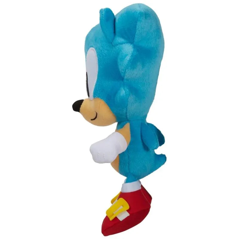 Sonic the Hedgehog plush toy, featuring blue fur, red shoes, and a playful posture, perfect for cuddling.