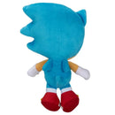 Plush toy of Sonic the Hedgehog, featuring bright blue fur, red shoes, and white gloves, shown from behind.