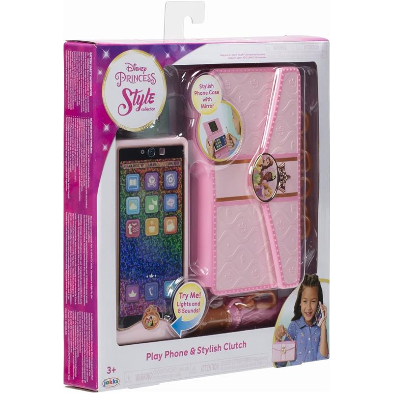 Disney Princess Style Collection play phone with a pink wristlet clutch featuring a mirror, lights, and sounds. Suitable for ages 3+.