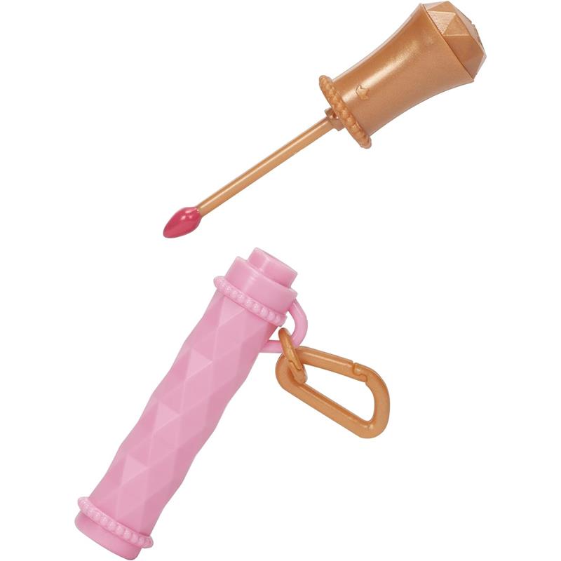 Stylish pink phone wristlet with a diamond pattern and a gold lipstick applicator with red lipstick.
