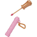 Stylish pink phone wristlet with a diamond pattern and a gold lipstick applicator with red lipstick.