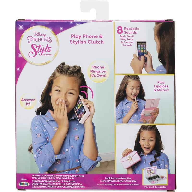 Disney Princess Style Collection play phone with wristlet, featuring a girl holding the phone, showcasing sounds and accessories.