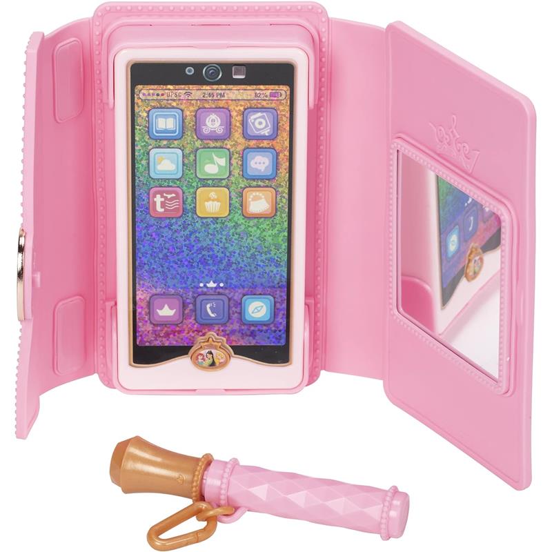 Pink toy phone with a colorful screen displaying app icons, housed in a matching wristlet. Includes a compact mirror and charm.