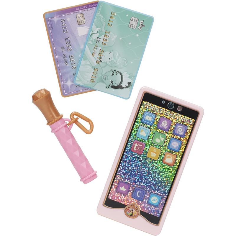 Styling collection phone with a wristlet, colorful glittery screen, two toy credit cards, and a pink accessory wand.