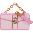 Pink wristlet purse featuring a crown design and images of three princesses, complete with a decorative wand.