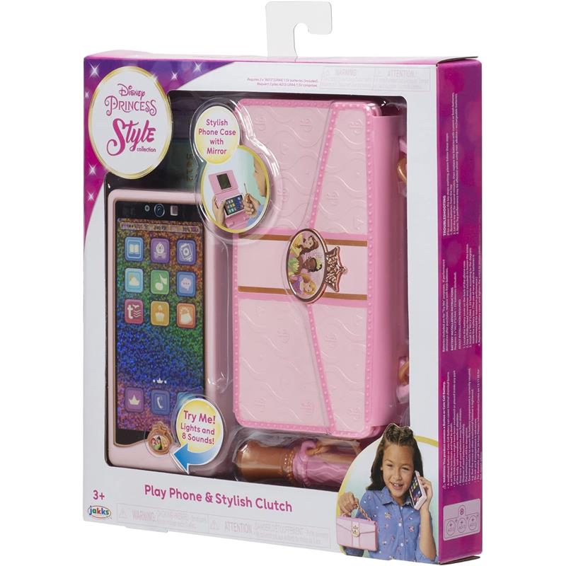 Play phone and wristlet set featuring a pink stylish clutch with a mirror, interactive phone with lights and sounds.