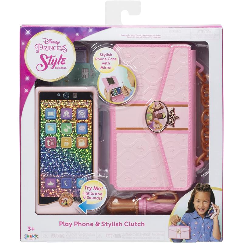 Disney Princess Style Collection phone set features a glittery phone with buttons and a pink clutch with a mirror. Suitable for ages 3+.