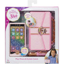 Disney Princess Style Collection phone set features a glittery phone with buttons and a pink clutch with a mirror. Suitable for ages 3+.