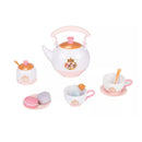 Toy tea set featuring a teapot, teacups with coasters, a sugar bowl, and colorful macarons, designed for children.