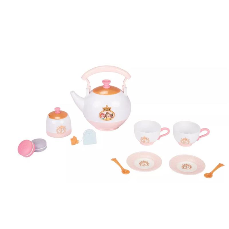 Toddler tea set featuring a teapot, two cups, plates, spoons, and accessories with princess designs.