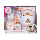 Tea set featuring a teapot, cups, and saucers with Disney Princess designs, packaged in a colorful box. Suitable for ages 3+.