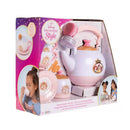 A colorful tea set featuring a pink and white teapot, cups, and saucers, designed for children ages 3 and up.