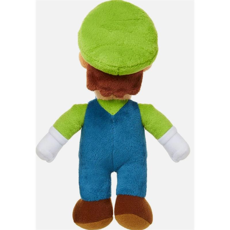 Luigi plush toy with a green hat and shirt, blue overalls, and brown shoes; designed for children and fans of Super Mario.