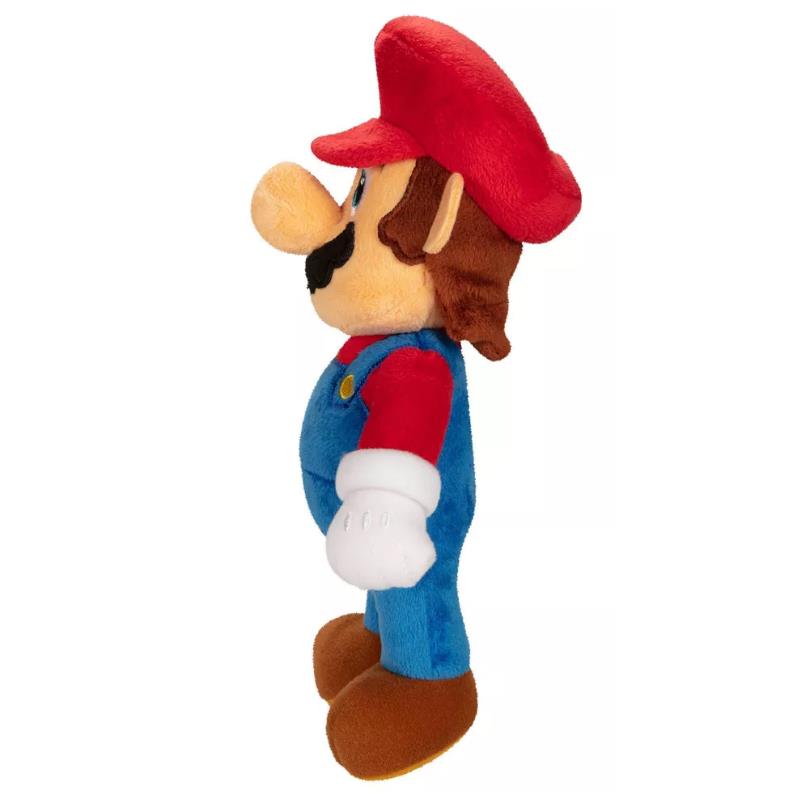 Plush toy of Mario from Super Mario, featuring a red hat, blue overalls, and white gloves, depicted from the side.