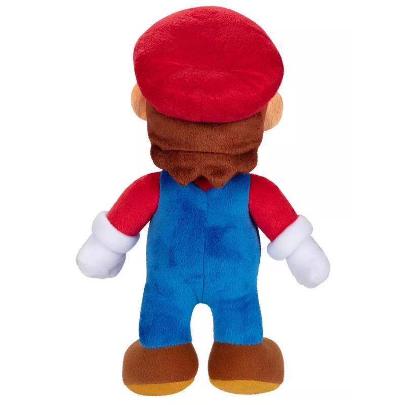 Plush toy of Mario from Super Mario, featuring a red hat, blue overalls, and brown shoes, depicted from the back.